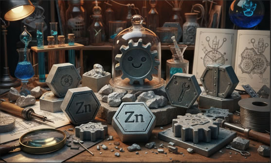 Image représentant un atelier d'artisanat du zinc avec des outils et des sculptures en métal.